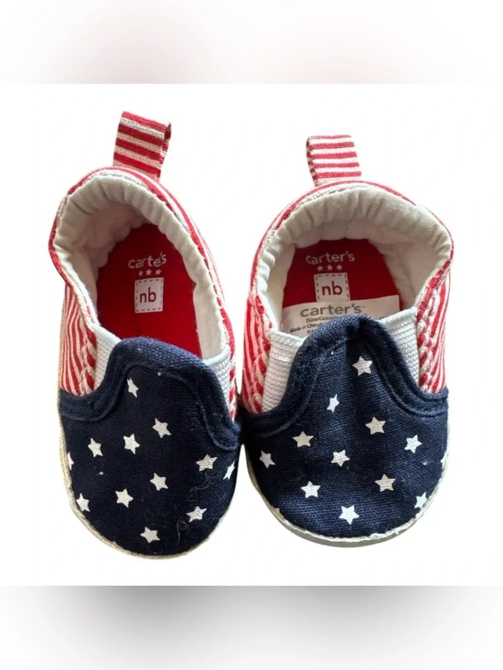 Carters Patriotic Striped Red & White Newborn NB Baby Booties with Navy Accents
